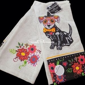 2pc Halloween Dachshund SUGAR SKULL Doxie DOG Day of Dead Kitchen Towel SET New